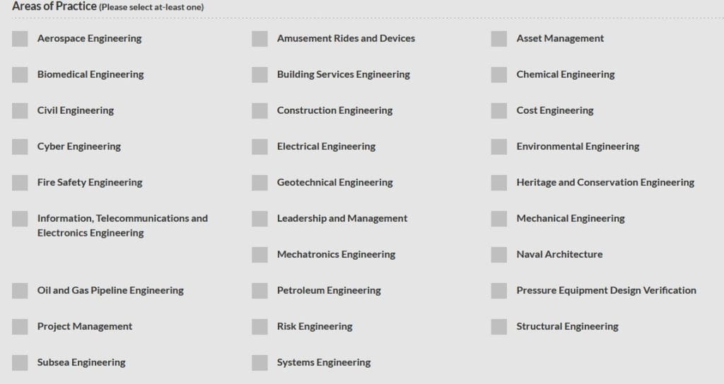 Areas of practice in the National Engineering Register Search portal