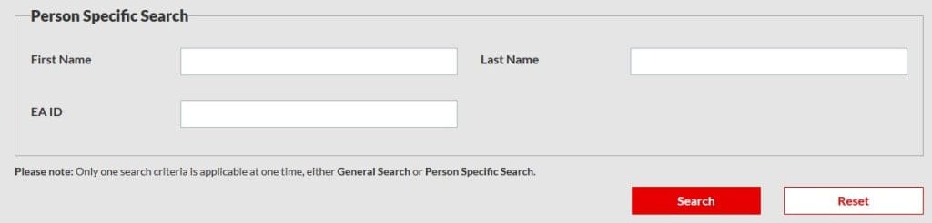 Person Specific Search, in the National Engineering Register Search portal