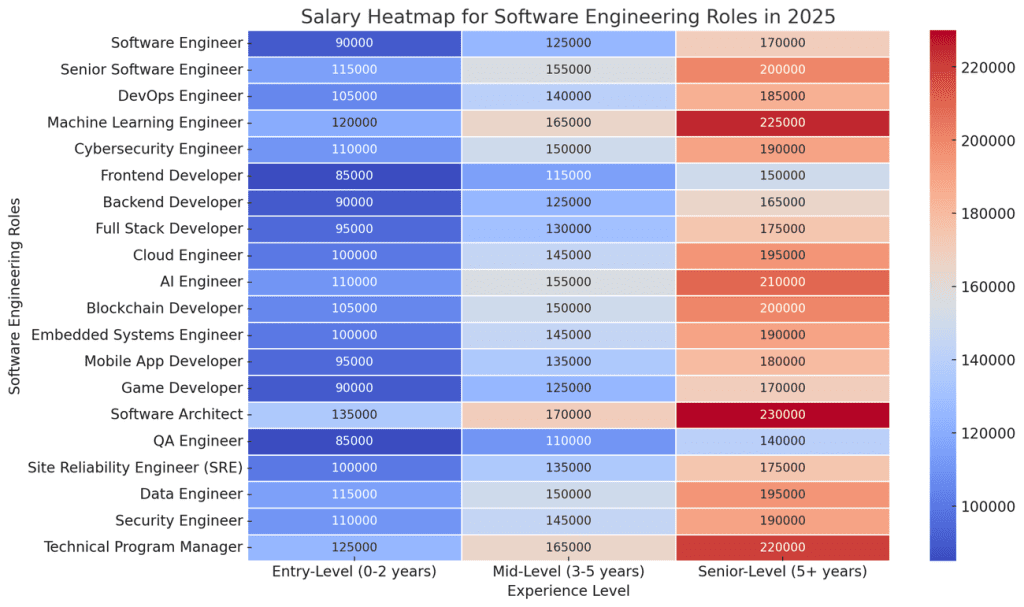Image showing the salary heatmap for software Engineering Roles in 2025